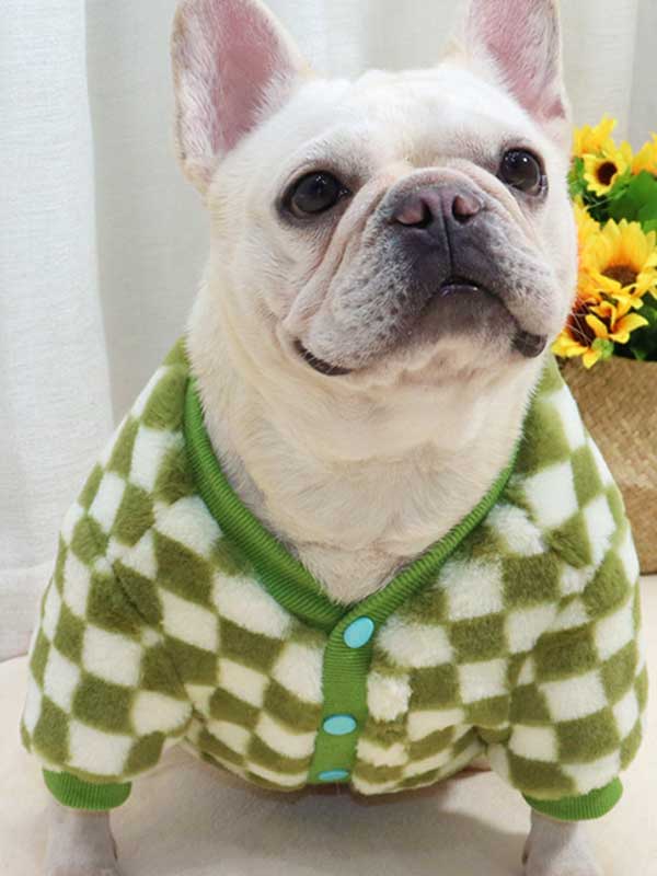 GMTPET Green and white checkerboard fat dog bulldog pug dog French fighting winter clothes plus velvet thick cardigan plush sweater 107-222039 gmtpet.ltd